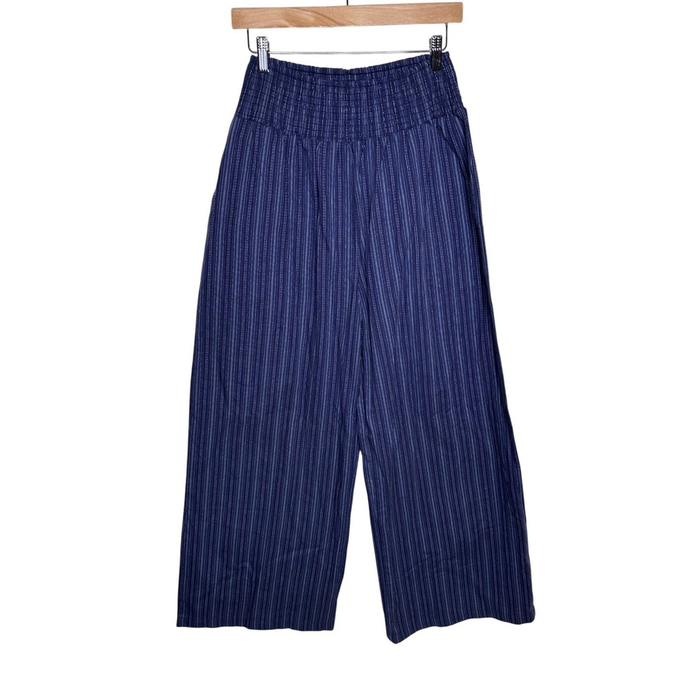 NWT Good Luck Gem Striped Wide Leg Smocked Waist Pants size Large Blue/White